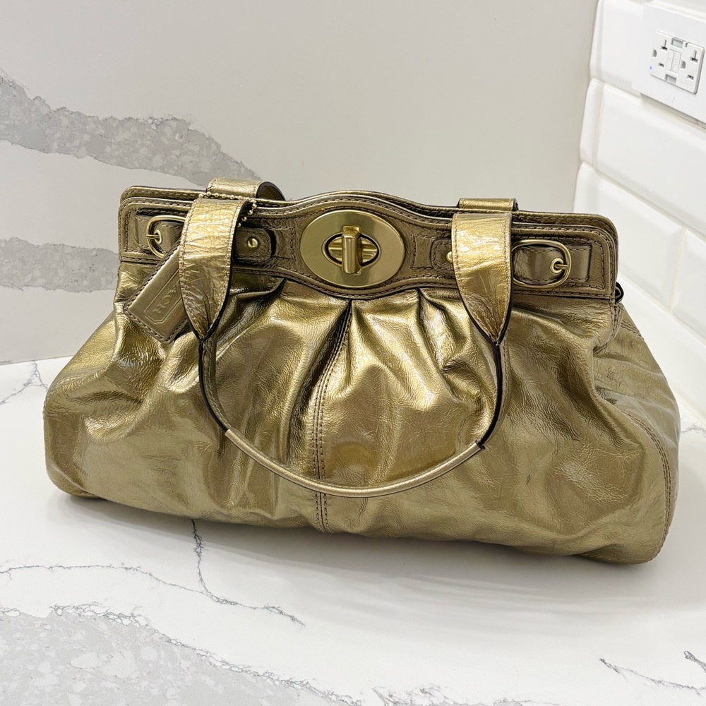 Coach Mia Metallic Gold Pleated Leather Turnlock Large Carryall Shoulder Bag